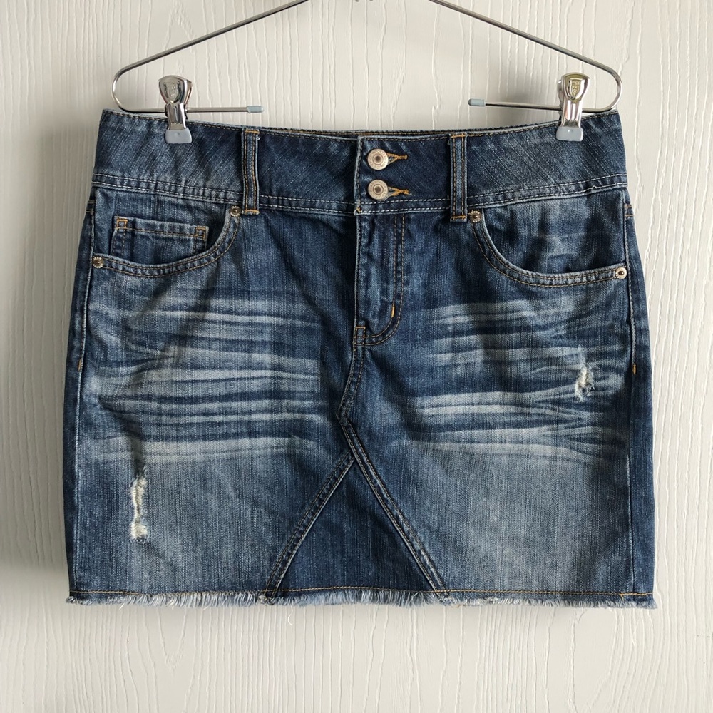 Distressed Jean Mini Skirt, Size 8
